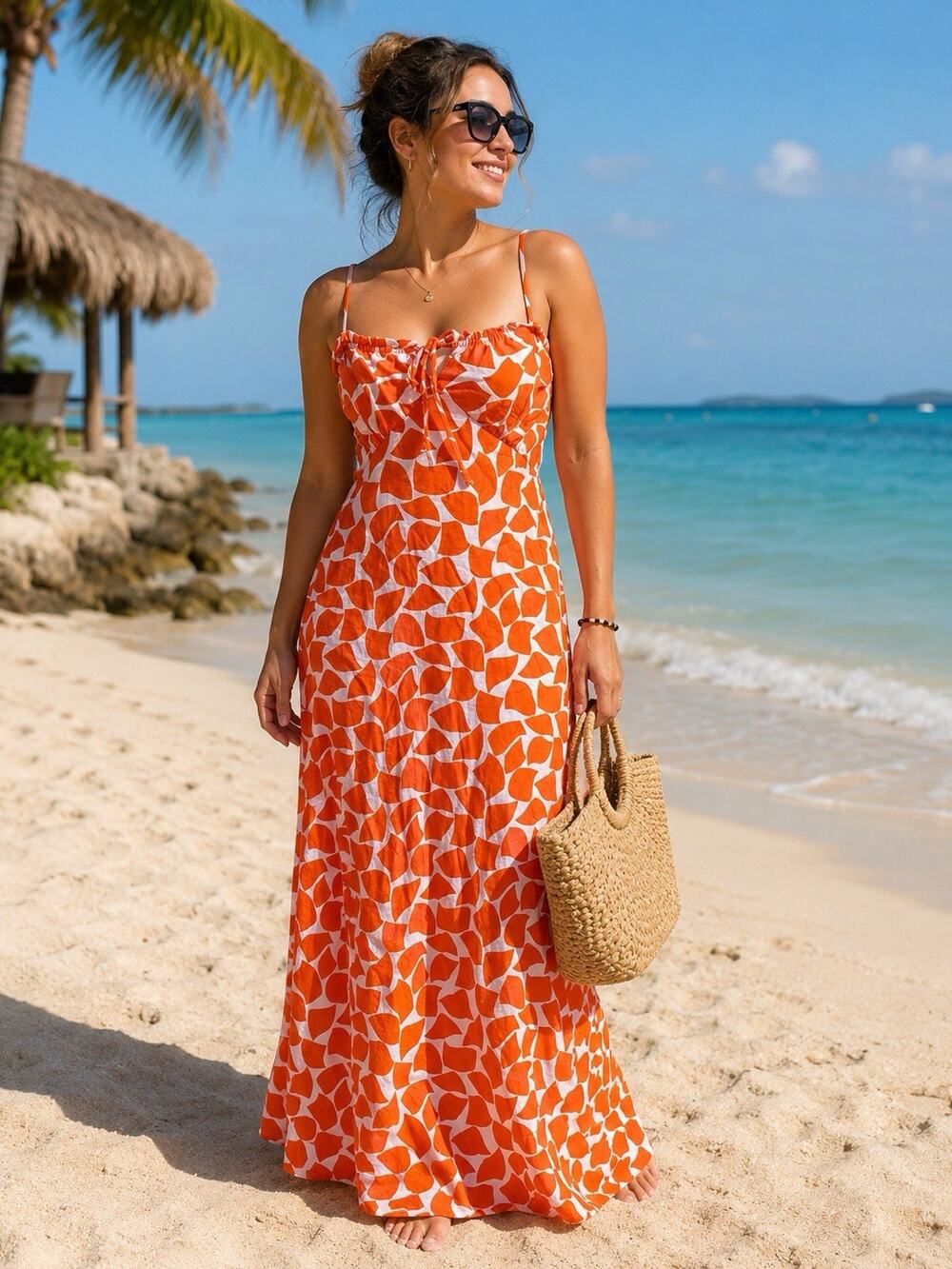 Women’s Orange & White Printed Maxi Dress Size M Rayon Blend Sleeveless
